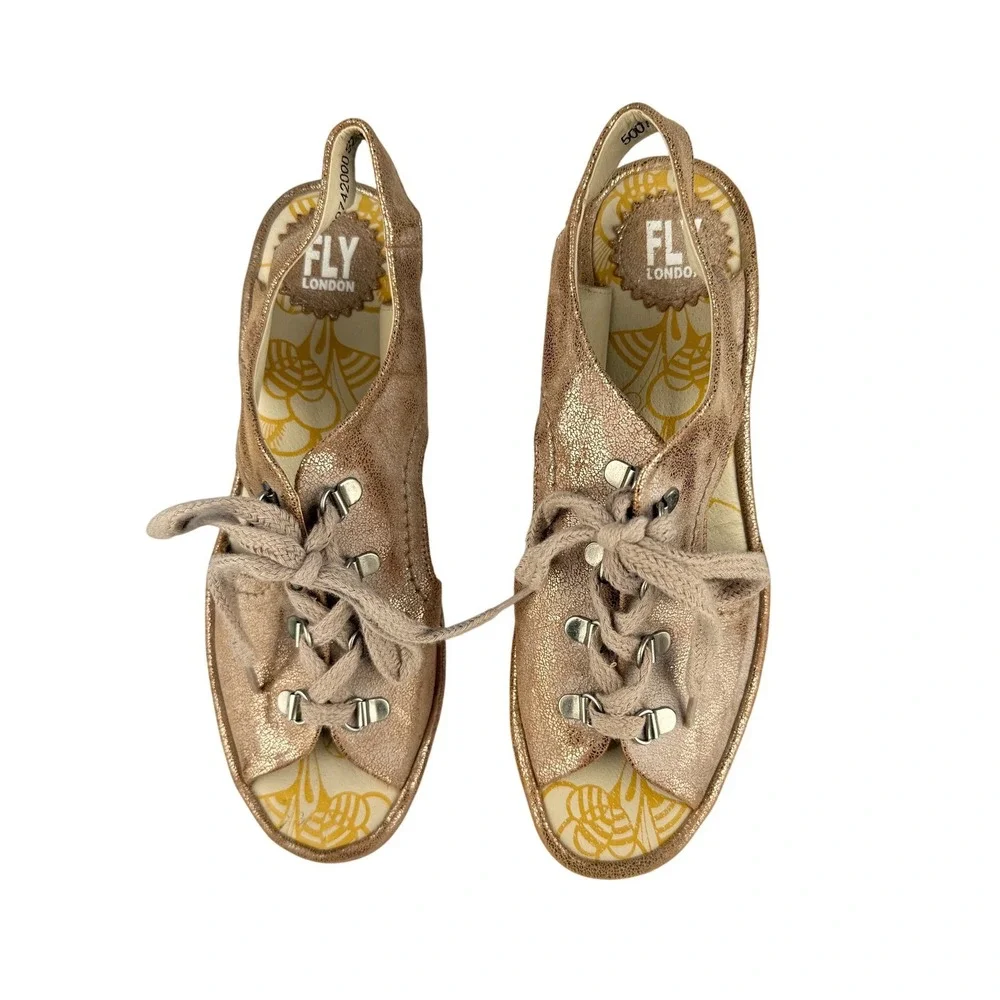 Fly London Women's 39 Metallic‎ Rose Gold Lace Wedge Sandals Leather EU 39